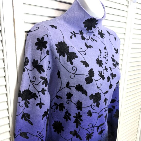 Embroidered Wool Sweater Lavender Ombre Black 90s Dana Buchman Luxury - Picture 3 of 16